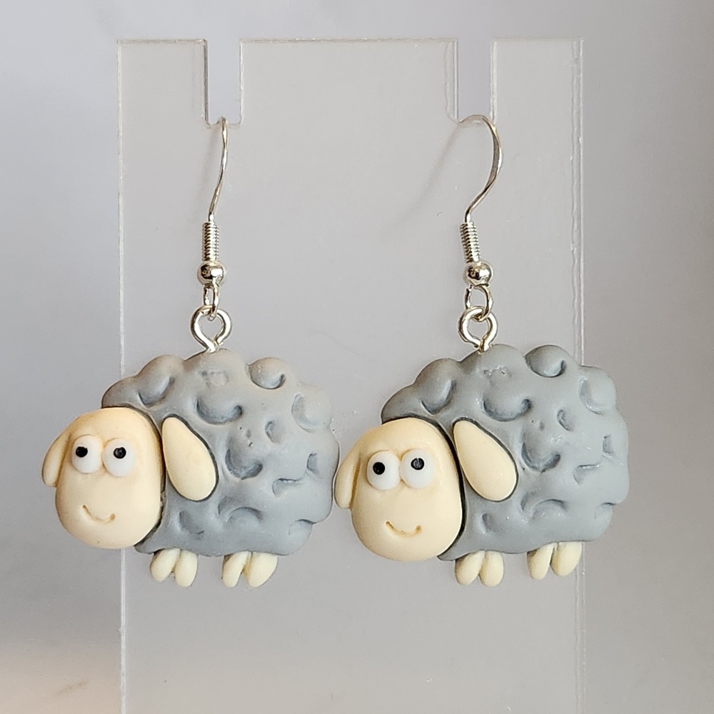 Handmade Polymer Clay Grey Sheep Drop Earrings Whimsical Animal Jewelry - Picture 1 of 4